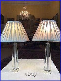 Pair Laura Ashley Crystal Tapered Pyramid Facetted Glass Column Table Lamps