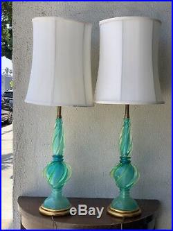 Pair Marbro Murano Uranium Glass Table Lamps, Mid Century Modern By Seguso