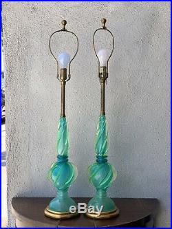 Pair Marbro Murano Uranium Glass Table Lamps, Mid Century Modern By Seguso