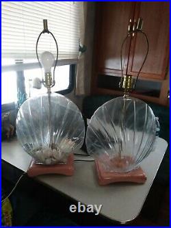Pair Of 1970-80s Hollywood Miami Modern Glass Huge Clam Shell Table Lamps