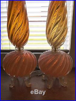Pair Of Large Barovier E Toso Opalescent Art Glass Table Lamps Murano Italy