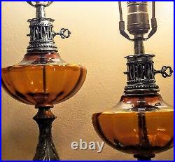 Pair Of Mid Century modern Amber Glass Globe Table Lamps, Hollywood Regency