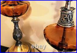 Pair Of Mid Century modern Amber Glass Globe Table Lamps, Hollywood Regency