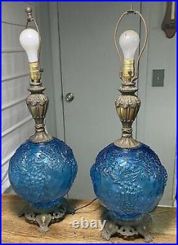 Pair Of Vintage MID Century Large Blue Glass Lamps Embossed Grapes Leaves