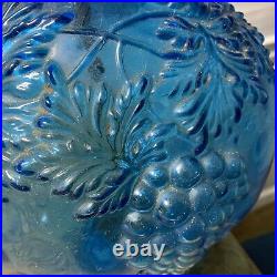 Pair Of Vintage MID Century Large Blue Glass Lamps Embossed Grapes Leaves