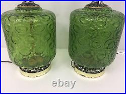 Pair Of Vintage Mid Century Green Crackle Glass 3 Way Table Lamps
