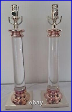 Pair Set 2 Beautiful Solid Crystal Glass Column Table Lamp Restoration Hardware