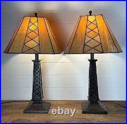 Pair Slag Glass Table Lamps Arts and Crafts Mission Style Metal Yellow 29H