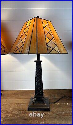 Pair Slag Glass Table Lamps Arts and Crafts Mission Style Metal Yellow 29H