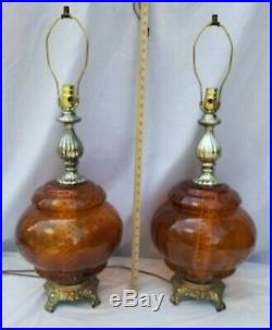 Pair Vintage Amber Glass Table Lamps Mid-Century with Night Light