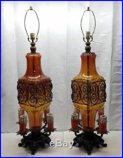 Pair Vintage Gothic Murano Art Glass Wrought Iron Lamps Chalkware Candle Light