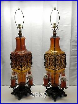 Pair Vintage Gothic Murano Art Glass Wrought Iron Lamps Chalkware Candle Light
