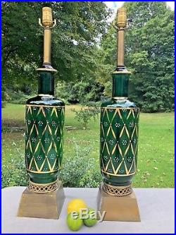 Pair Vintage Hollywood Regency Mid Century Green Gold Painted Glass Table Lamps
