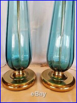 Pair Vintage Mid Century Modern BLENKO 36 Turquoise Glass Table Lamps