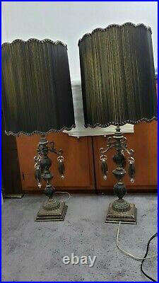 Pair Vintage Rare Hollywood Regency MCM Table Lamps With Smoke Glass Orbs