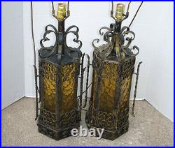 Pair Vintage Spanish Revival Table Lamps Iron Amber Glass Panel Scrolls Gothic