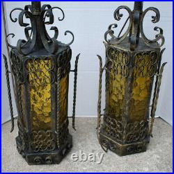 Pair Vintage Spanish Revival Table Lamps Iron Amber Glass Panel Scrolls Gothic