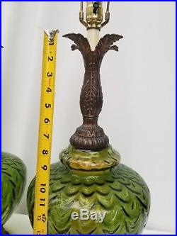 Pair Vintage Table Lamps Green Glass Mid Century Hollywood Regency