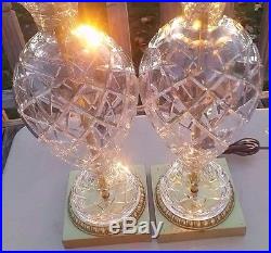 Pair Vintage Waterford Cut Crystal Glass Brass Table Lamps Criss Cross Dot