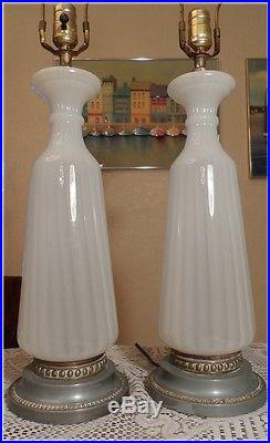 Pair Vintage White Murano Ribbed Glass Table Lamps