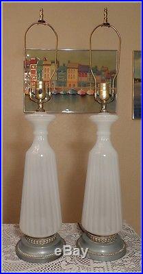 Pair Vintage White Murano Ribbed Glass Table Lamps