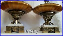 Pair Vtg 70s Table Lamps Amber Glass Saucer Marble Hollywood Regency Style Base