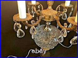 Pair Vtg/Antique Candelabra 4 Arm 5 Light Ornate Brass Glass Table Lamps Prisms