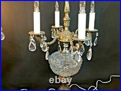 Pair Vtg/Antique Candelabra 4 Arm 5 Light Ornate Brass Glass Table Lamps Prisms