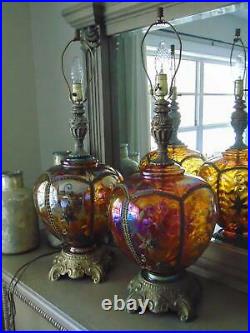 Pair antique vintage IRIDESCENT CARNIVAL GLASS TABLE LAMPS withnight lights 31