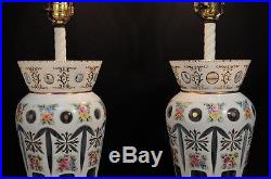 Pair of Bohemian Czech Light Blue Cased Glass Hand Painted Flowers Table Lamps