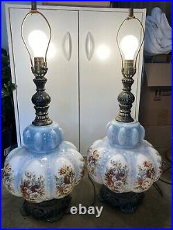 Pair of Falkenstein Blue and White Floral MCM Table Lamps