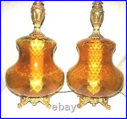 Pair of Large Exquisite 1970's Mid Century Hollywood Regency Amber Glass Lamps
