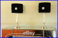 Pair of Large Table Lamps 56cm Height Mirrored Base Black Vevet Pearl shade