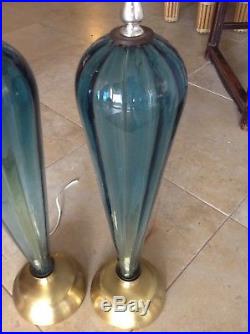 Pair of Mid Century Murano Aqua Blue Glass Teardrop Table Lamps