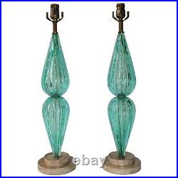 Pair of Mid Century Murano Glass Venetian Aqua Lamps