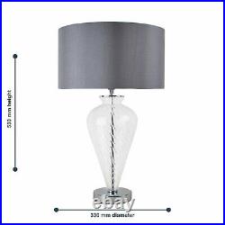 Pair of Modern Clear Glass Bedside Table Lamps Light with Grey Fabric Shades