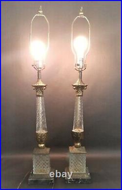 Pair of Neoclassical Brass and Cut Glass/Crystal with Marble Bases Lamps