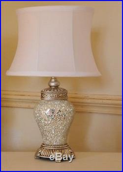 Pair of Table Lamps Antique Silver & Sparkle Mosaic Base White Shade 46cm Height