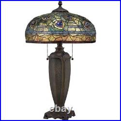 Peacock Style 2-Light Tiffany Table Lamp with Authentic Bronze Patina Base 15.5