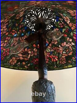 RARE Signed A. Hart Leaded Glass Floral Shade WithSigned Handel Bronze Base