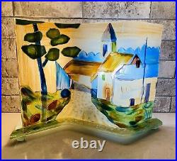 Rare Artist Design Village Scene Hand Painted Glass Table Lamp