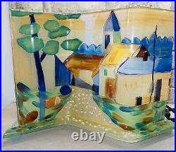 Rare Artist Design Village Scene Hand Painted Glass Table Lamp