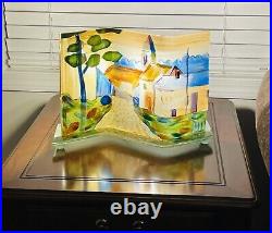 Rare Artist Design Village Scene Hand Painted Glass Table Lamp