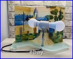 Rare Artist Design Village Scene Hand Painted Glass Table Lamp