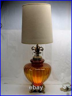 Rare, Large 70s E. F. Industries BROWN BLOWN GLASS GLOBE, BRASS PATINA TABLE LAMP