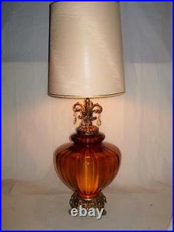 Rare, Large 70s E. F. Industries BROWN BLOWN GLASS GLOBE, BRASS PATINA TABLE LAMP