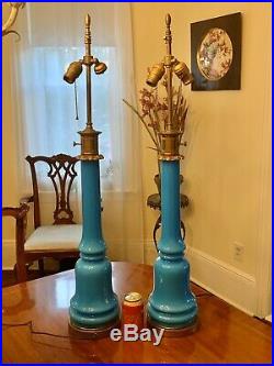 Rare Pair Of Vintage French Mid Century Modern Blue Opaline Table Lamps