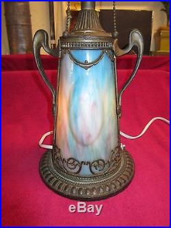 Rare Vintage Antique Art Nouveau Metal Table Lamp Lighted Base Slag Glass Panels