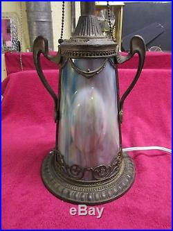 Rare Vintage Antique Art Nouveau Metal Table Lamp Lighted Base Slag Glass Panels