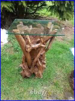 Reclaimed teak root hand finished table solid teak tall lamp table glass topped